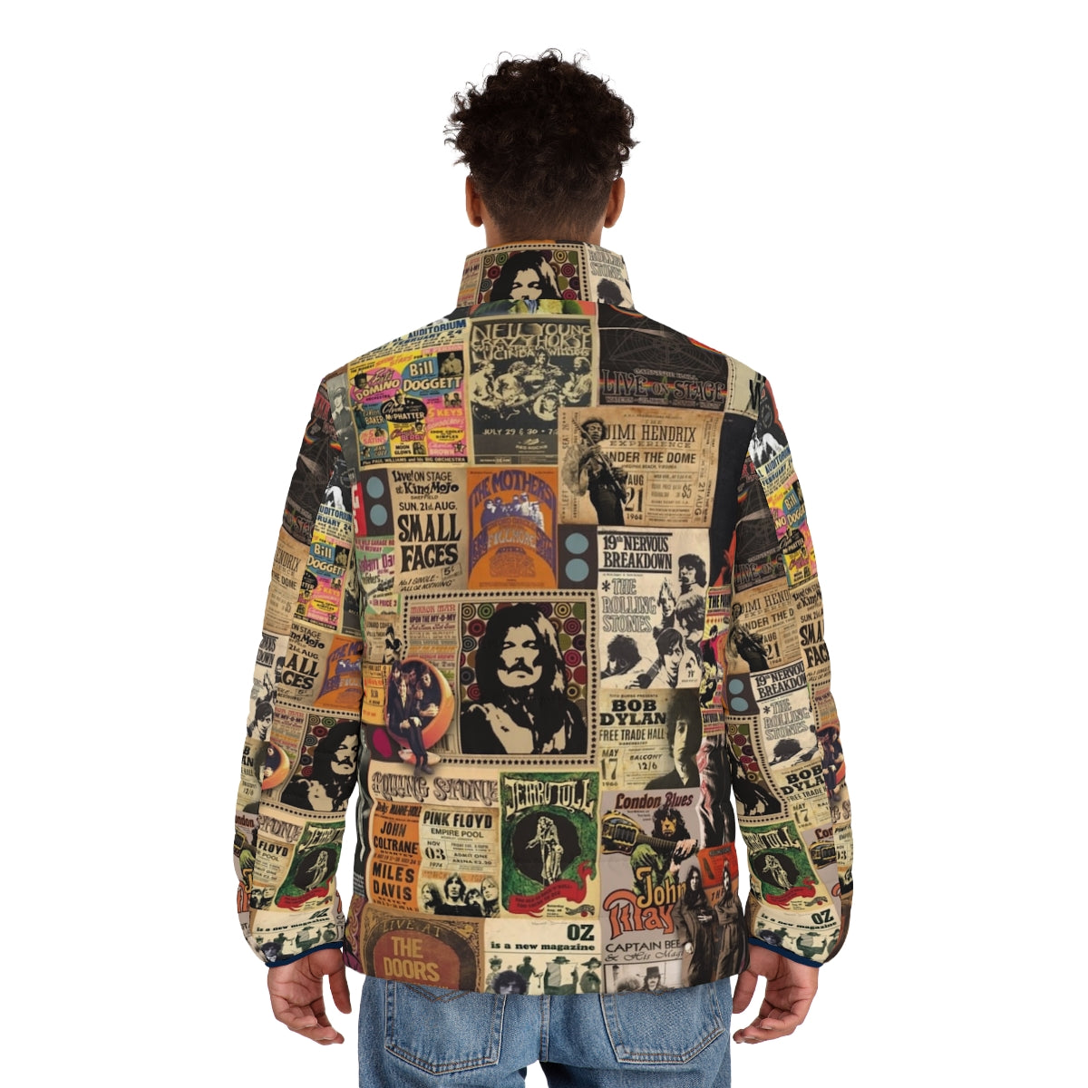 Rock and roll puffer jacket featuring a collage of vintage music legends - men back