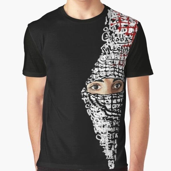 A graphic t-shirt depicting the conflict between Palestine and Israel, representing the struggle for justice and resistance.