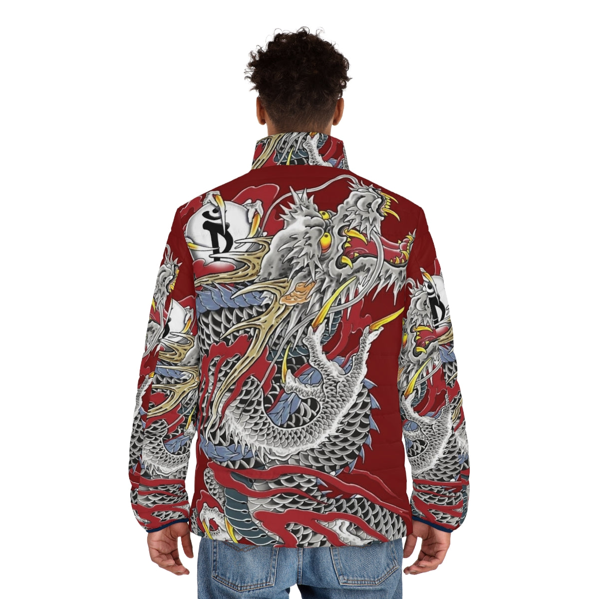 Yakuza Dragon Tattoo Puffer Jacket with Iconic Tattoo Design - men back