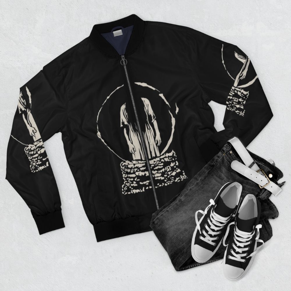 The Ring White Bomber Jacket featuring horror movie-inspired design - Flat lay