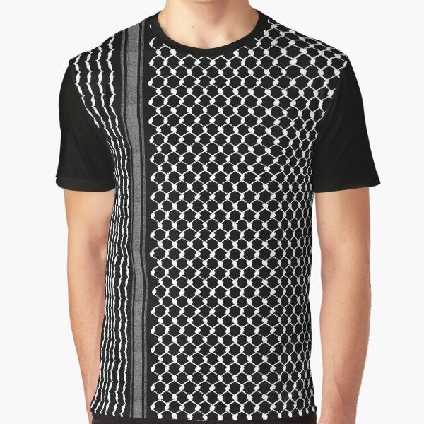 Palestinian traditional kufiya pattern graphic t-shirt design with freedom and iconic palestine elements