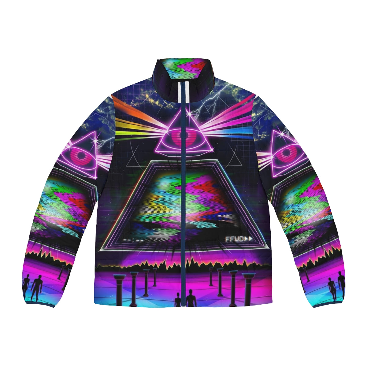 Retro 80s style puffer jacket with glitch and VHS aesthetic