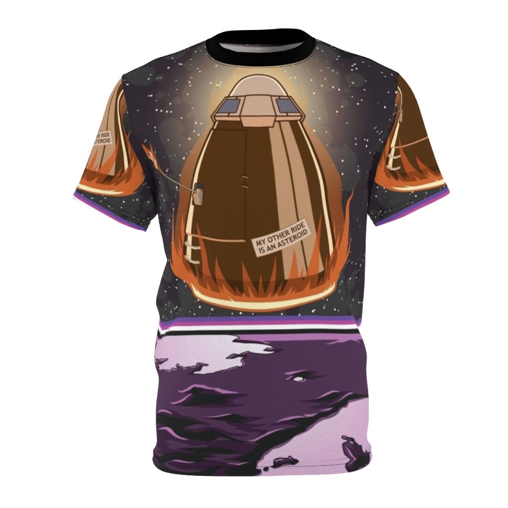 Galactic Adventure Print-on-Demand T-Shirt featuring a space-themed vector design with rockets, planets, and the universe