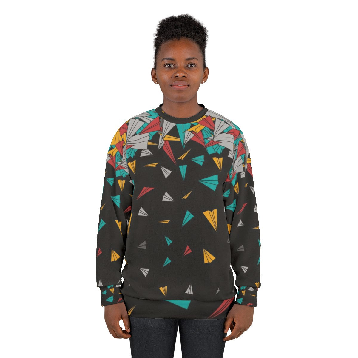 Geometric paper plane design on a colorful sweatshirt - women