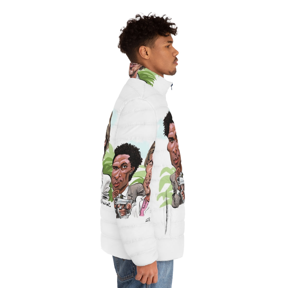 Miami Vice inspired 80s puffer jacket for men with cartoon caricature design - men side right