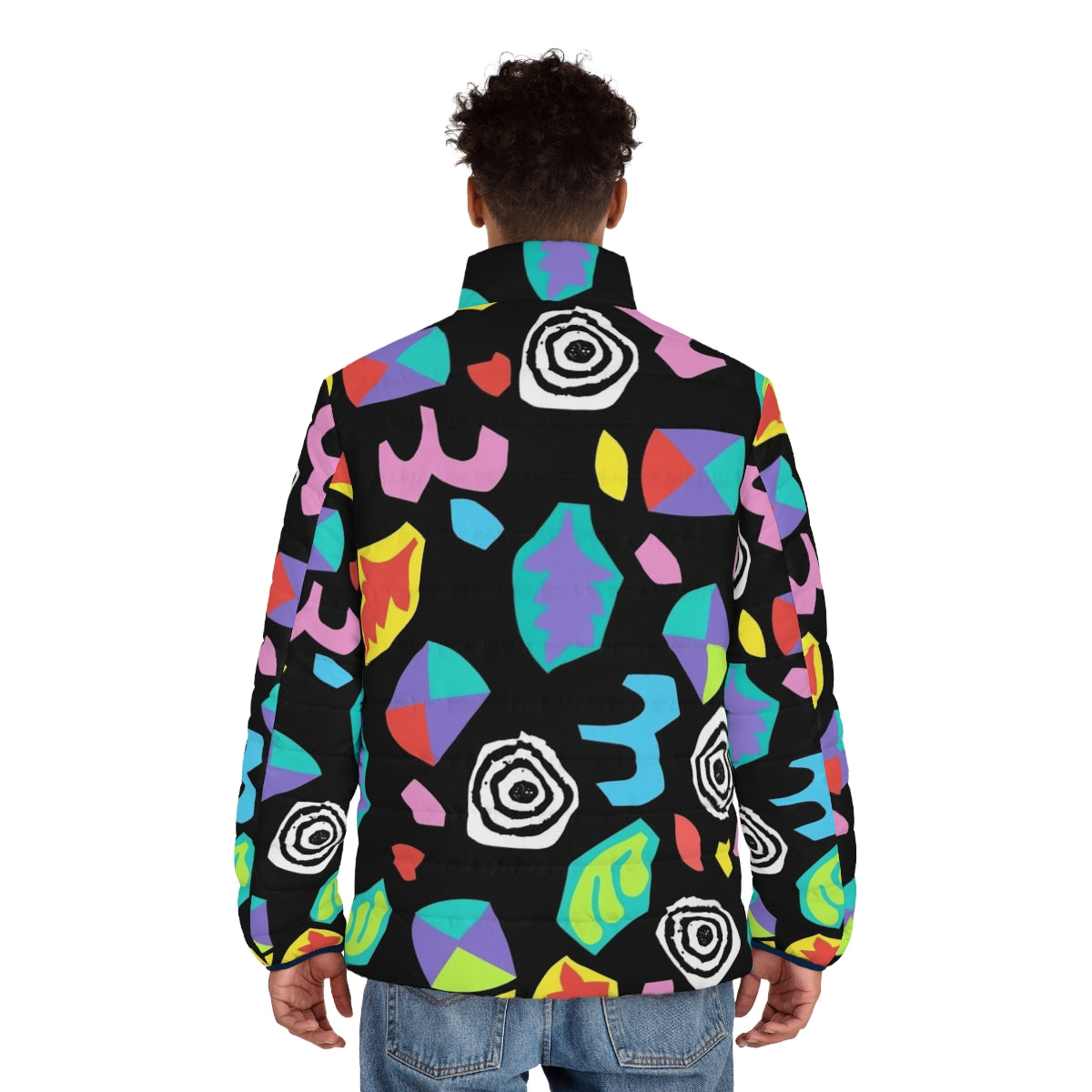 Stranger Things inspired puffer jacket with neon abstract design - men back