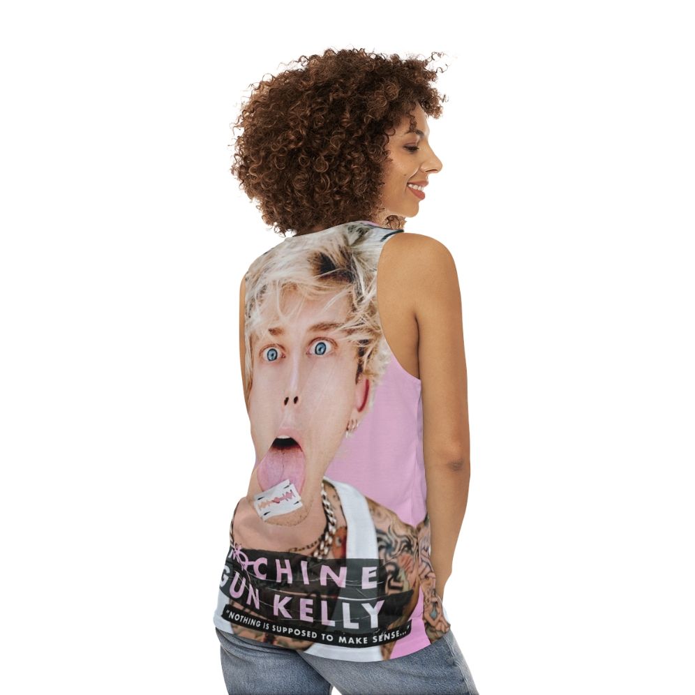 Unisex blonde rapper face print tank top - women back