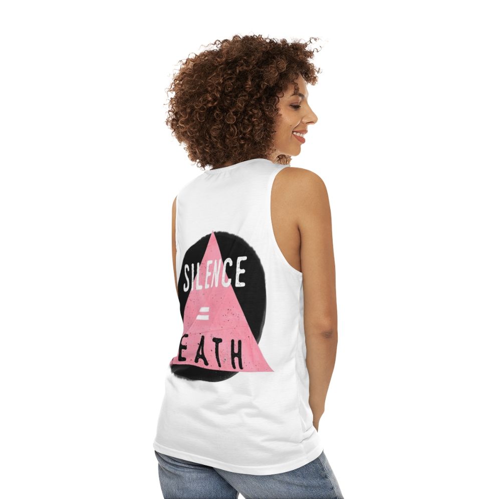 Unisex tank top with "Silence Death" design for LGBTQ+ and HIV/AIDS awareness - women back