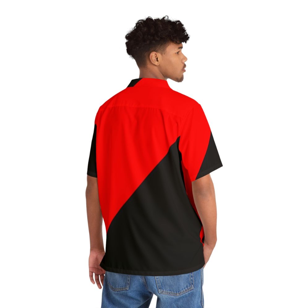 Anarcho Communism Flag Hawaiian Shirt with red and black diagonal flag design - Flat lay