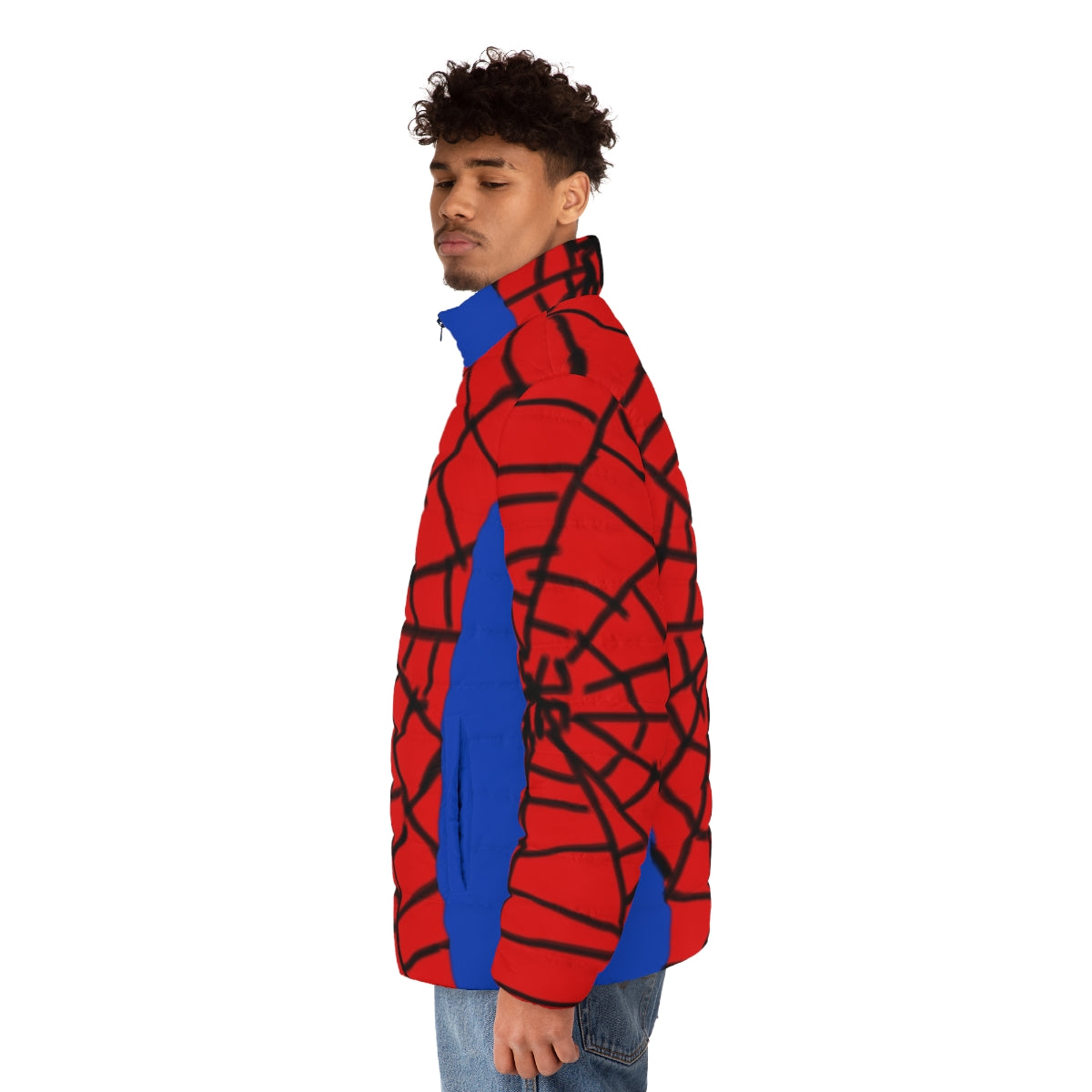 Spiderman superhero puffer jacket with web graphic design - men side left