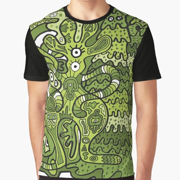 "I Don't Like Green!" graphic t-shirt featuring doodle creatures design