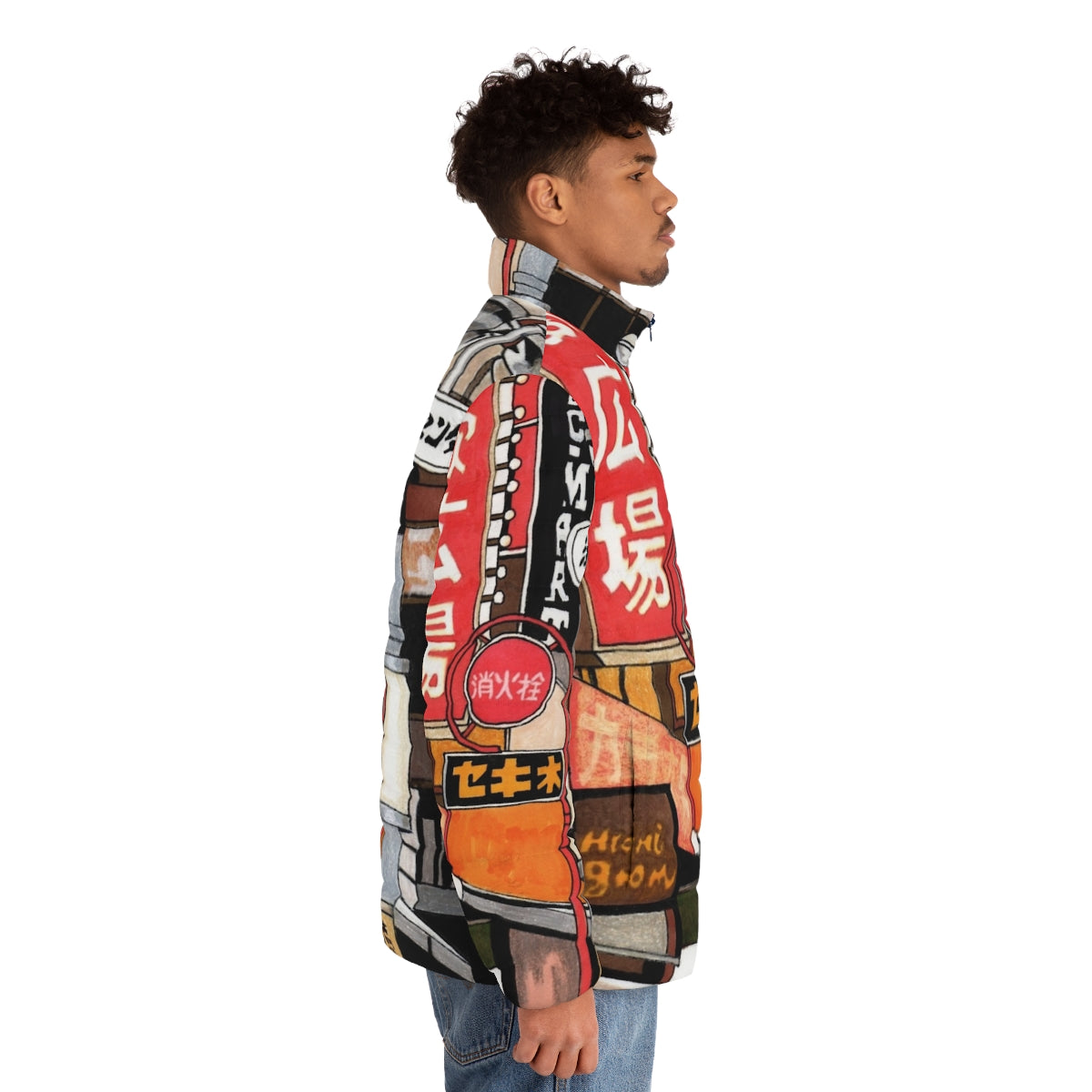 Tokyo street signs puffer jacket with neon graphic and calligraphy print - men side right