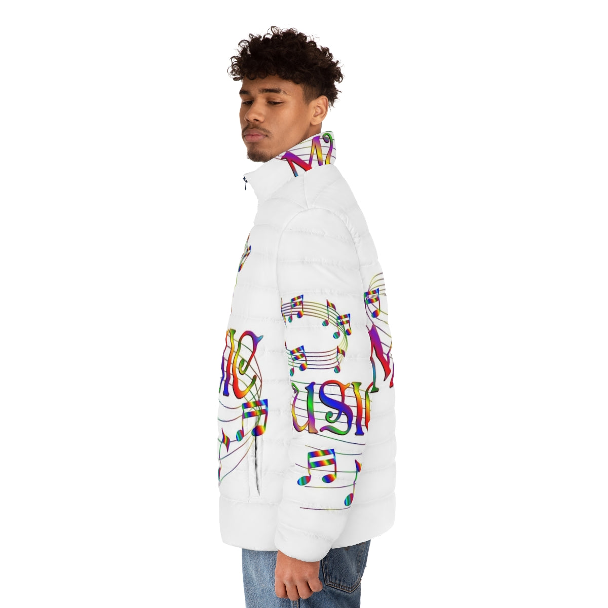 Flowing music notes puffer jacket with a stylish and cozy design for music lovers. - men side left