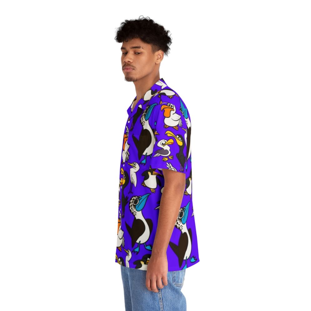 Cartoon seabird flock pattern on a vibrant Hawaiian shirt - People Left