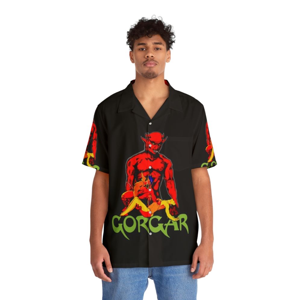 Gorgar Pinball Hawaiian Shirt featuring retro 70s arcade game inspired design - People Front