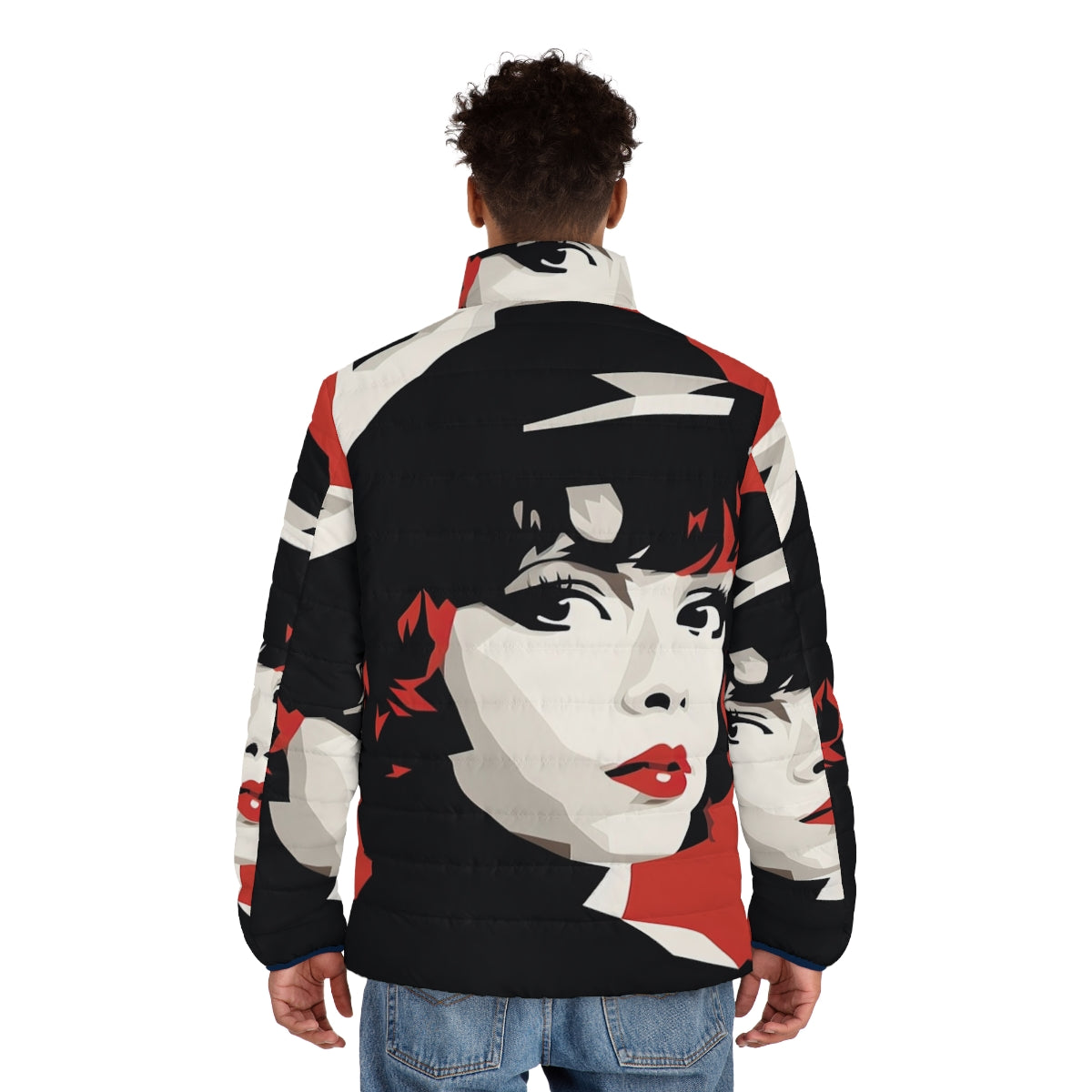 Vintage-inspired red puffer jacket with a minimalist design, paying tribute to silent film star Clara Bow - men back