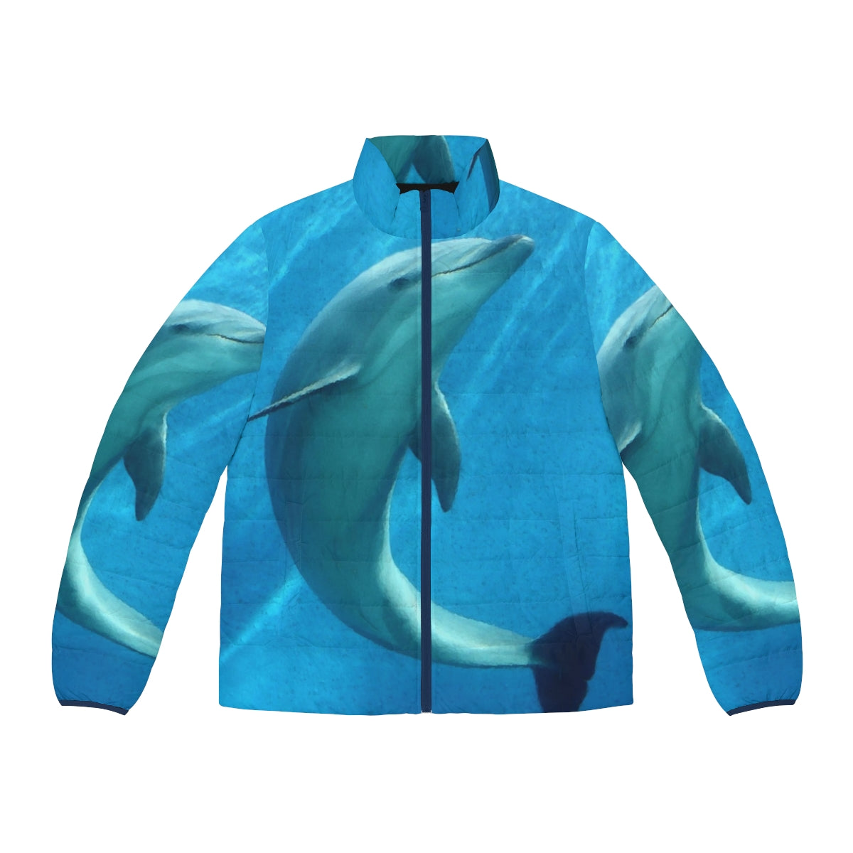 Dolphin puffer jacket with abstract patterns and fantasy design