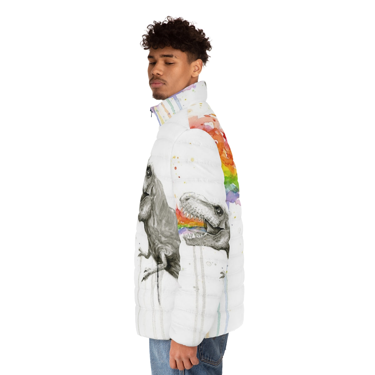 Colorful puffer jacket featuring a whimsical T-Rex dinosaur in a rainbow watercolor design - men side left