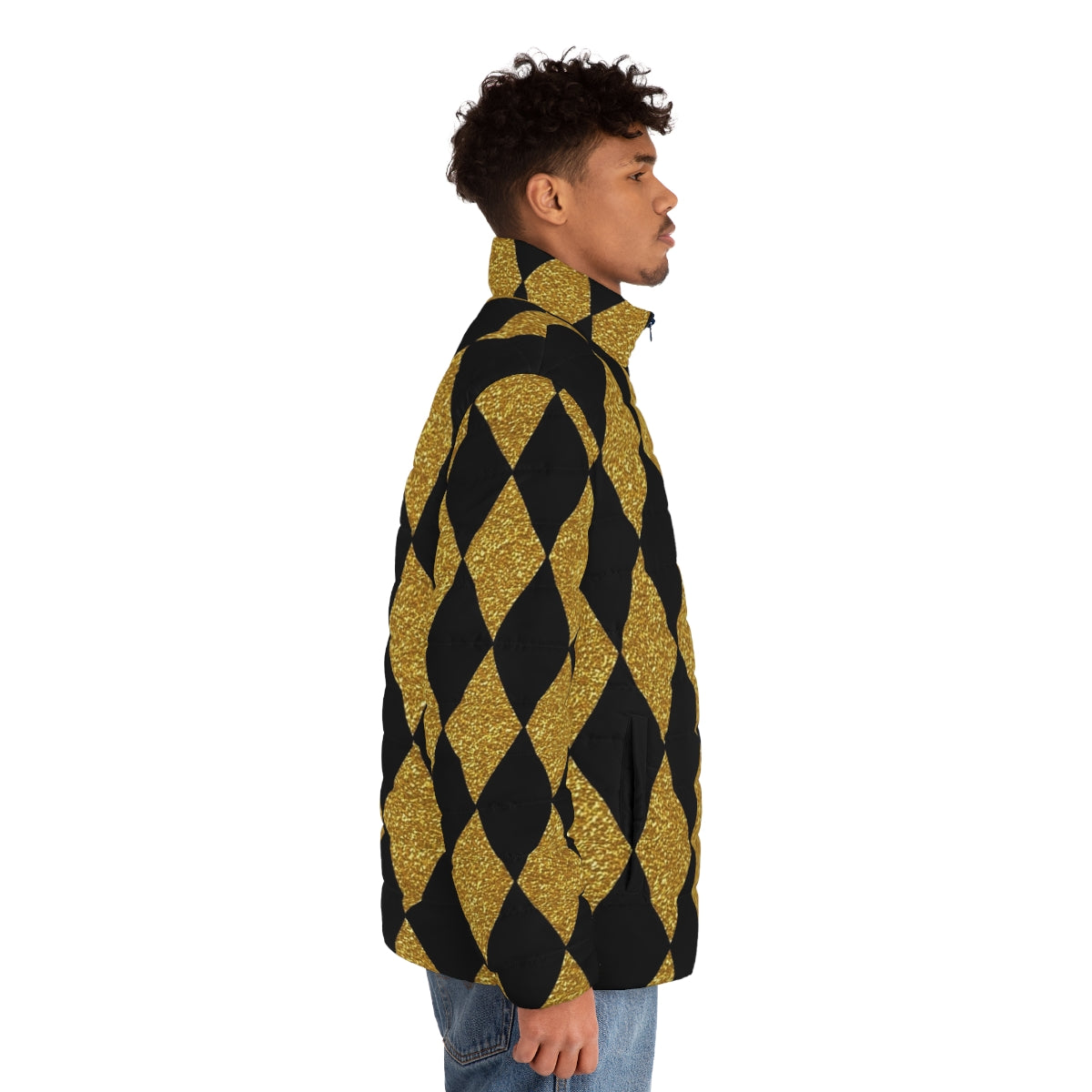 Model wearing a black and gold harlequin puffer jacket with a diamond pattern design - men side right