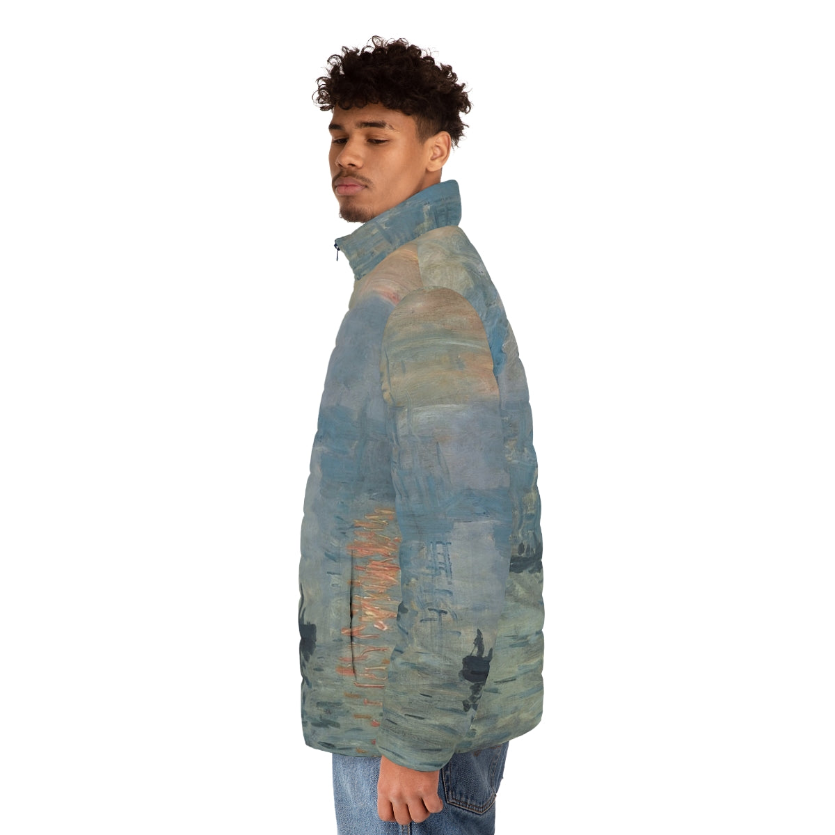 Claude Monet's Impression, Sunrise fine art puffer jacket with impressionist painting - men side left