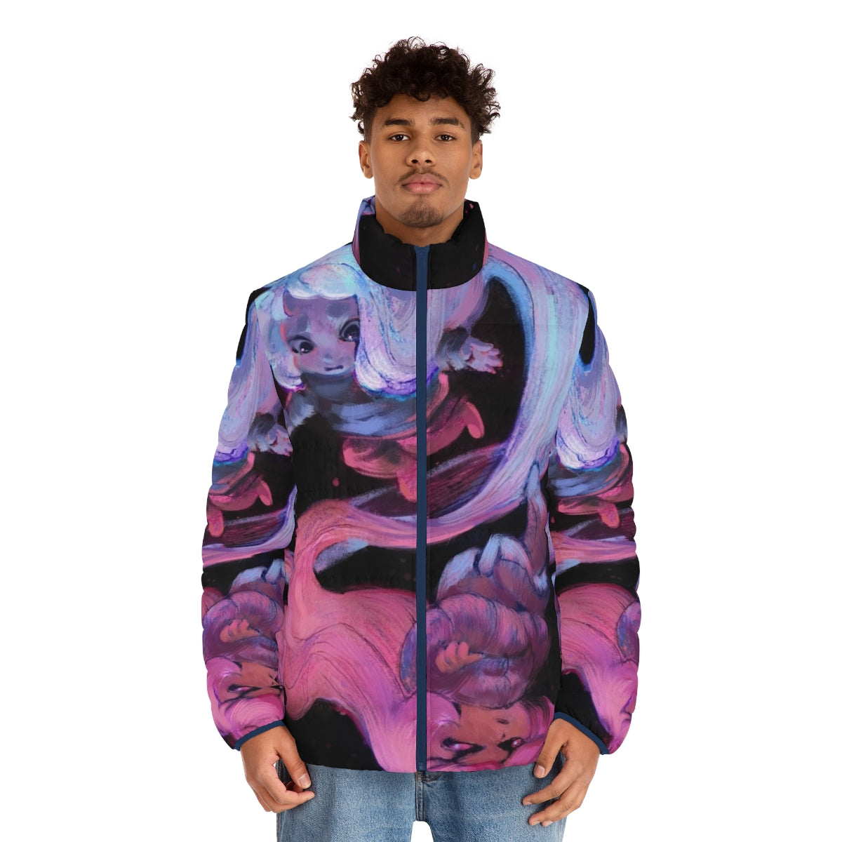 Celeste Puffer Jacket featuring the iconic character Madeline in a space-themed design - men front