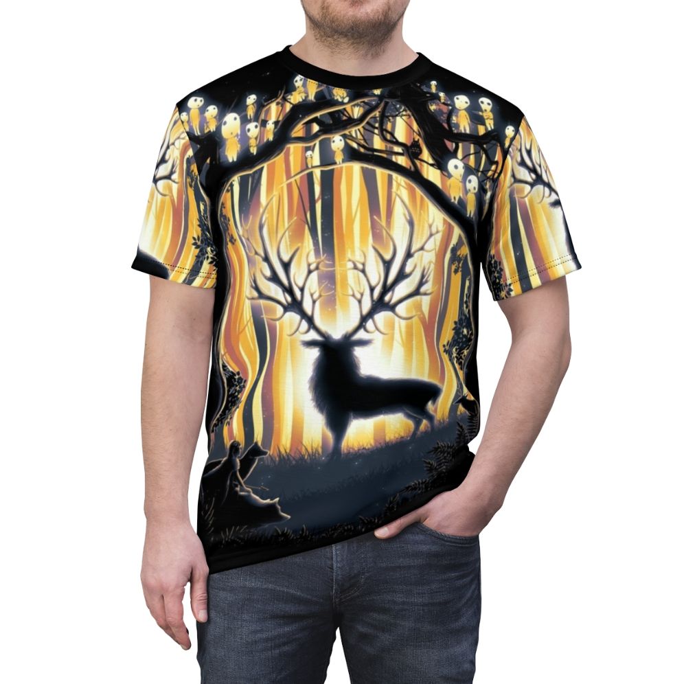 Minimalist design of a deer spirit silhouette in a forest setting - men front