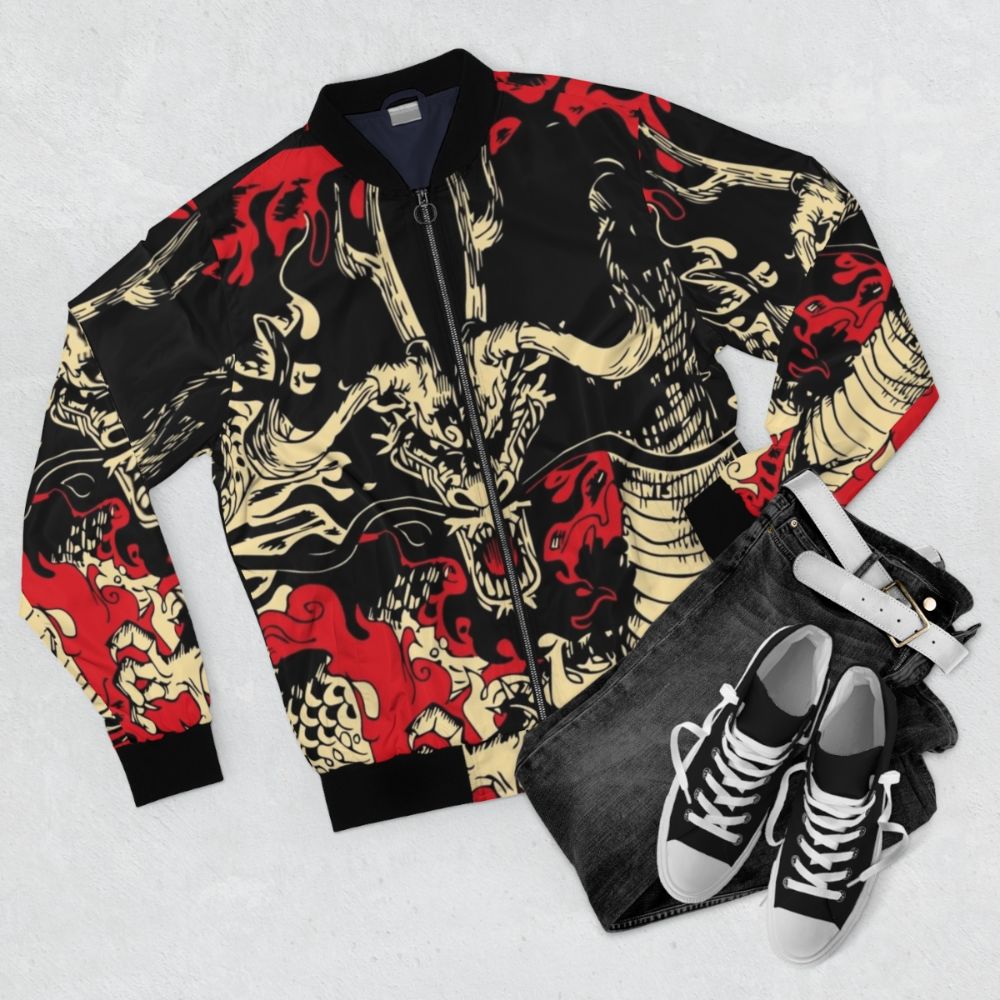 One Piece Kaido The Dragon Bomber Jacket with anime characters Luffy, Zoro, Nami, Sanji, and more. - Flat lay