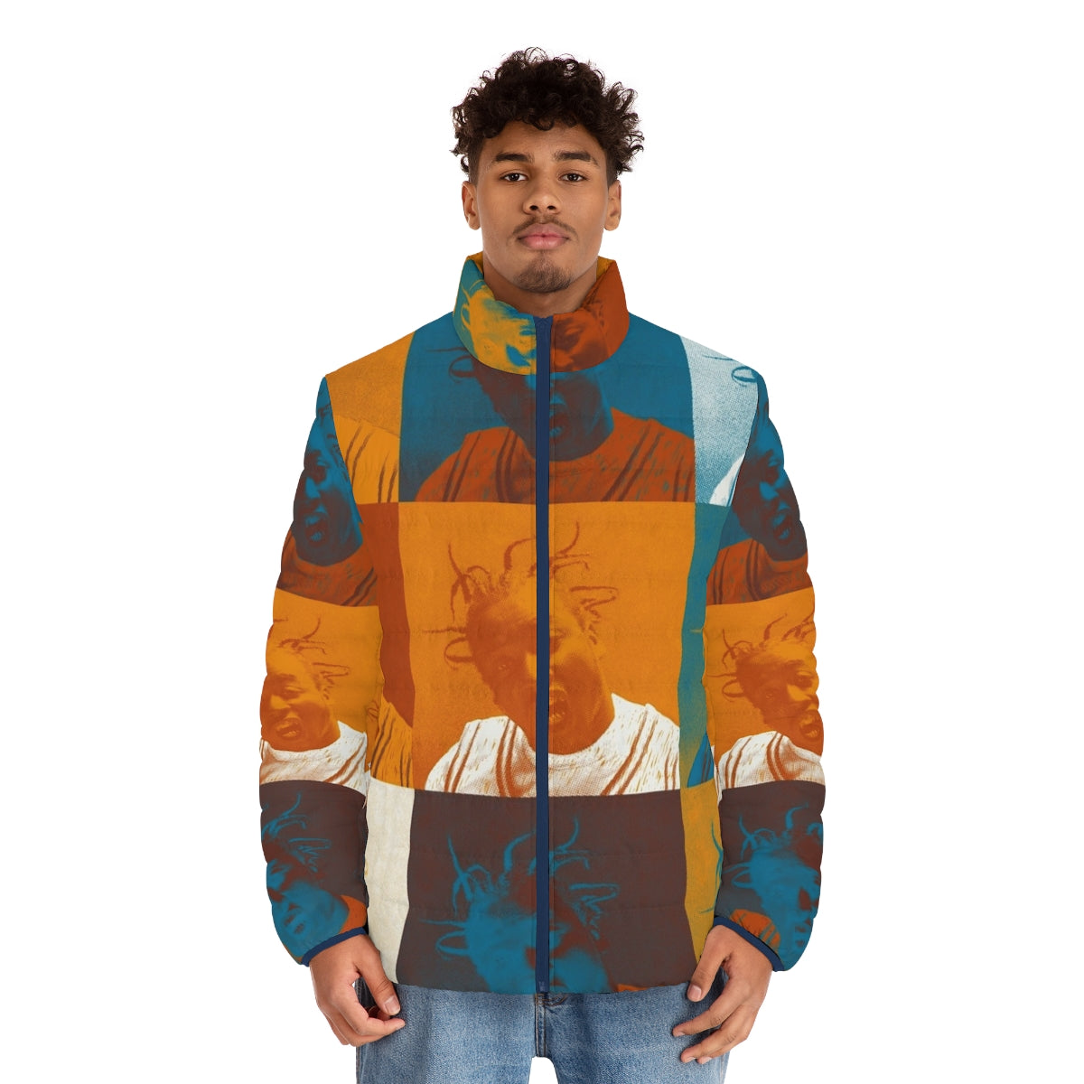 Ol Dirty Bastard Warhol Repeat Puffer Jacket featuring a halftone graphic design in orange and teal colors - men front