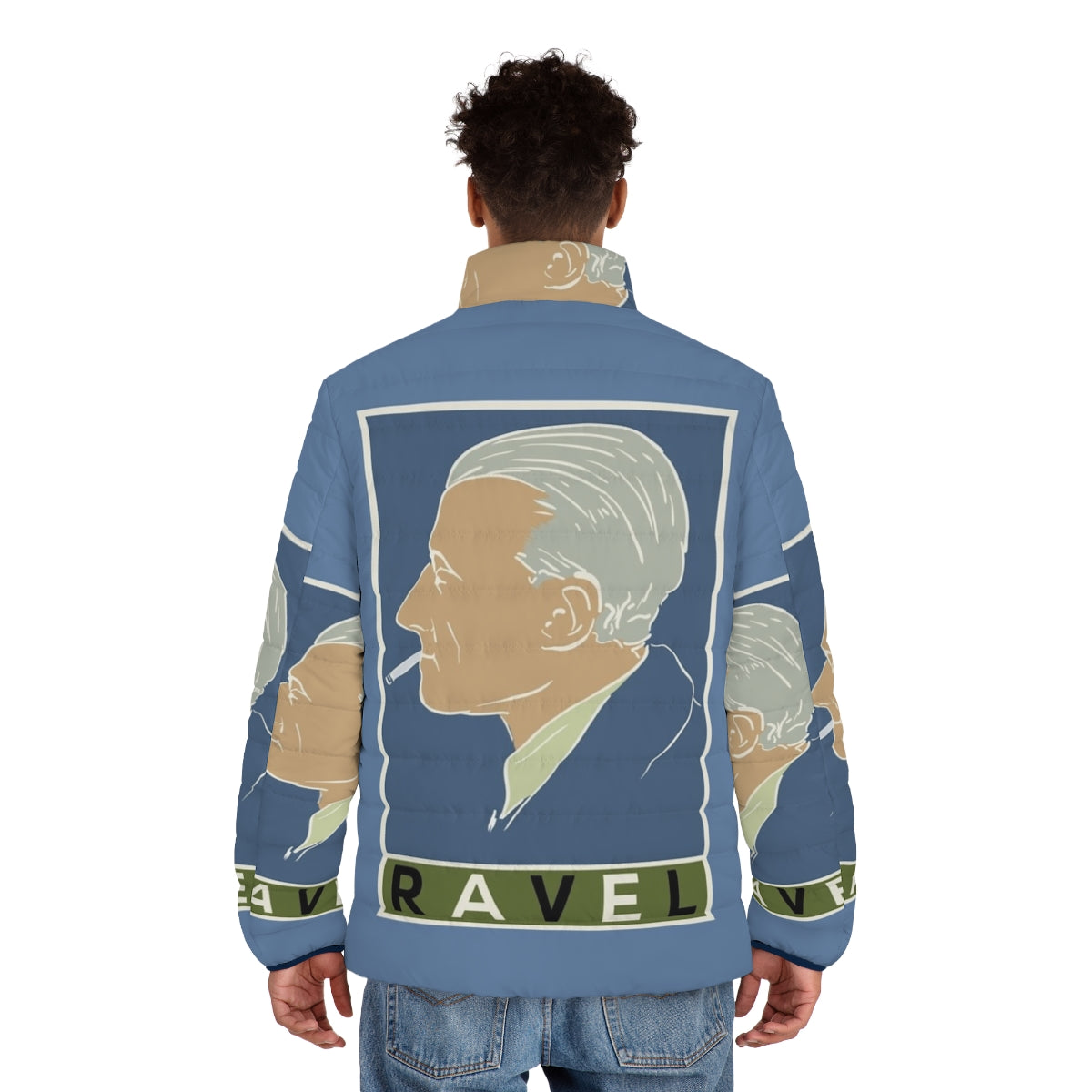 Maurice Ravel Puffer Jacket featuring vintage classical music inspired typography and design - men back