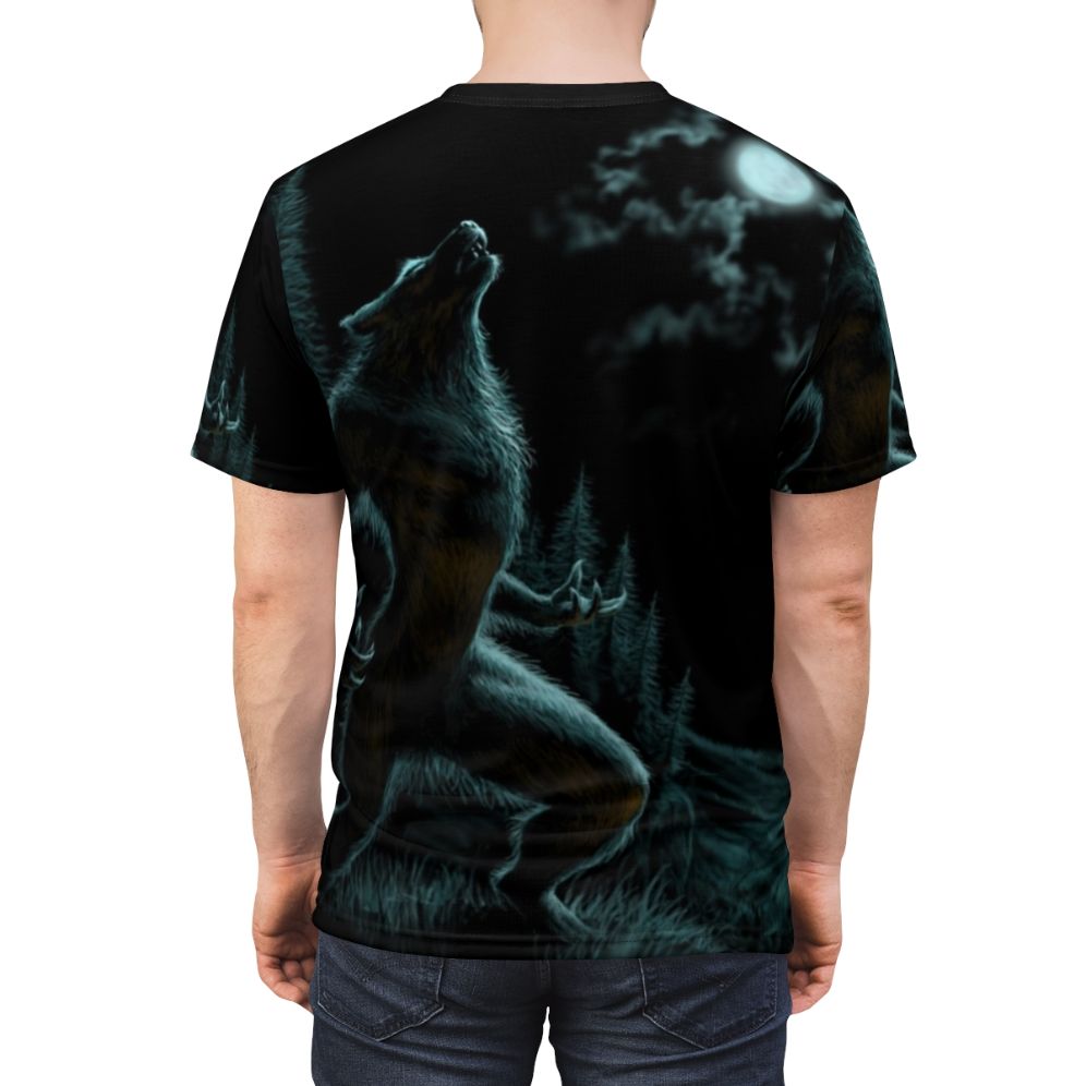 Howling werewolf illustration on a black t-shirt - men back