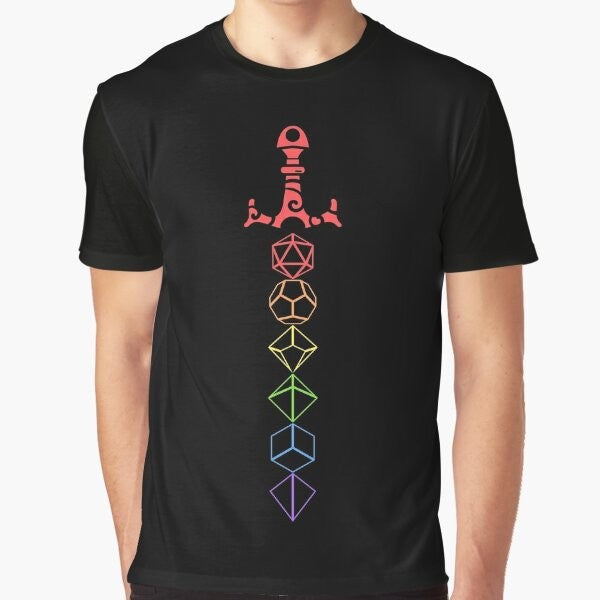 Tabletop RPG Dungeons & Dragons LGBT Pride Graphic T-Shirt featuring rainbow dice and sword