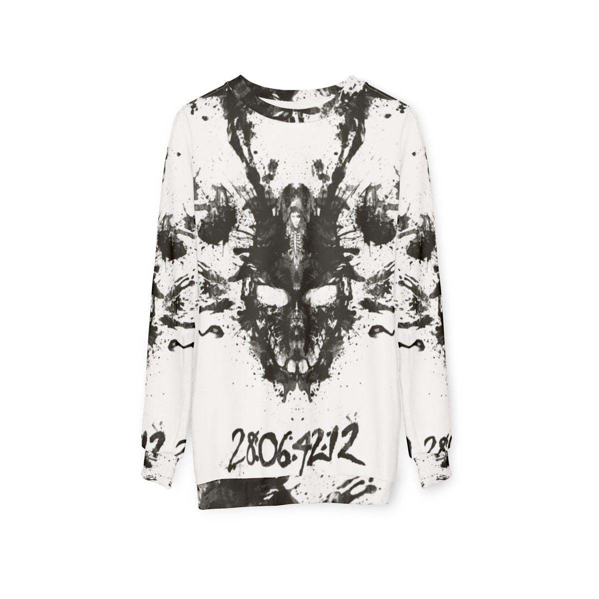 Donnie Darko inspired sweatshirt with imaginary inkblot graphic design - hanging