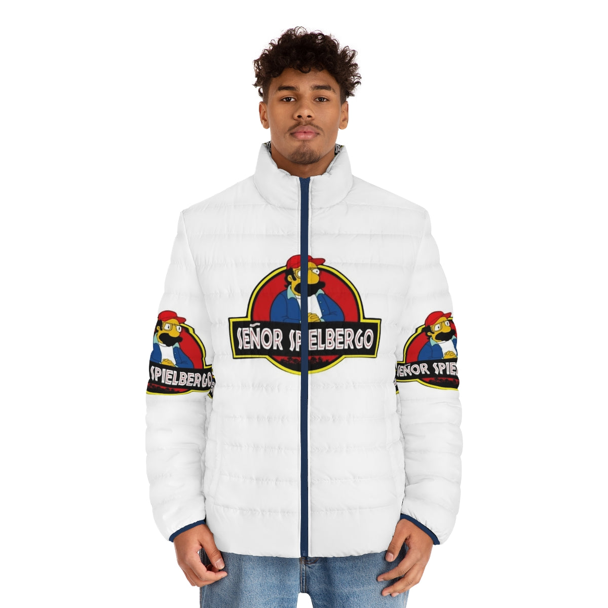 Mr Spielbergo Puffer Jacket, a humorous take on classic cartoon characters - men front