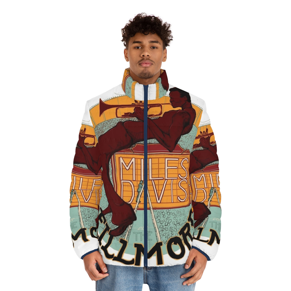 Miles Davis Jazz Puffer Jacket featuring Fillmore Concert Inspired Design - men front