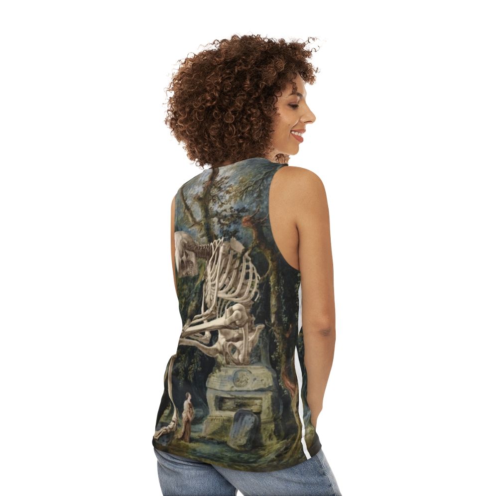 Surreal art unisex tank top featuring an illustration of a skull and skeleton - women back