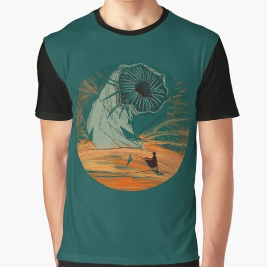 Dune 2020 movie graphic t-shirt featuring the desert planet Arrakis and the main character Paul Atreides