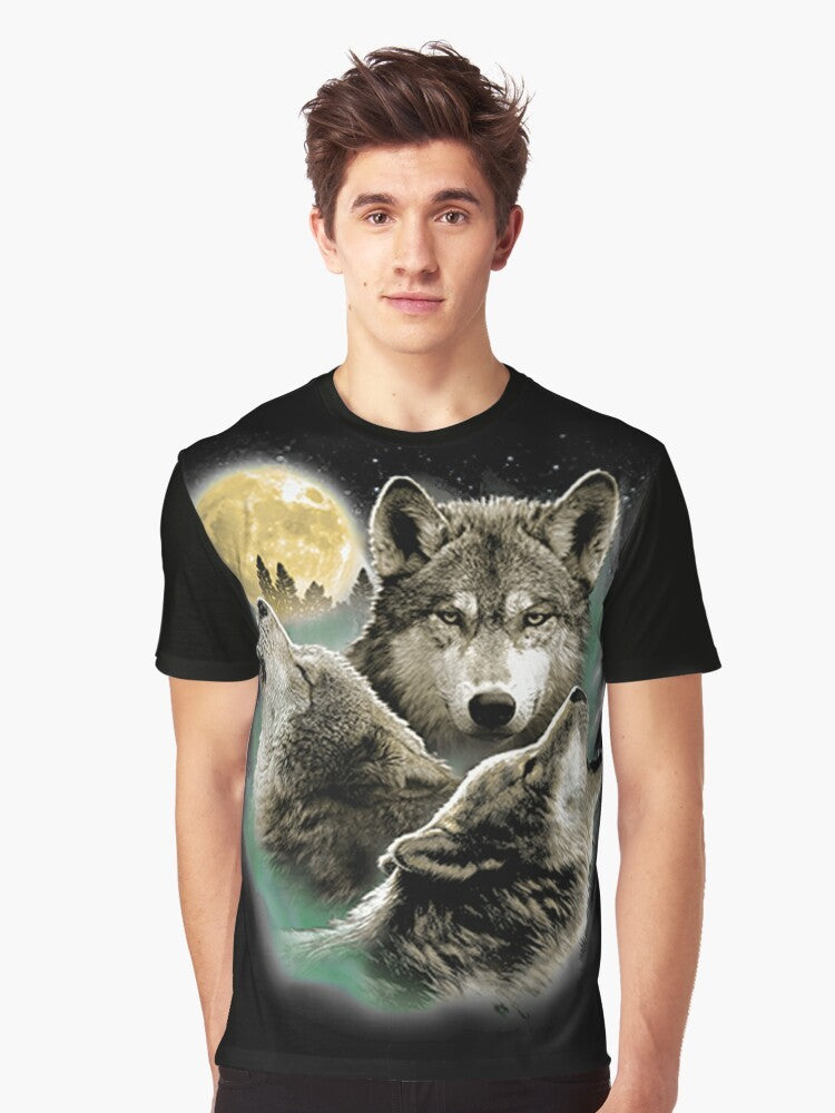 A graphic t-shirt design featuring three howling wolves against a full moon in the night sky. - Men