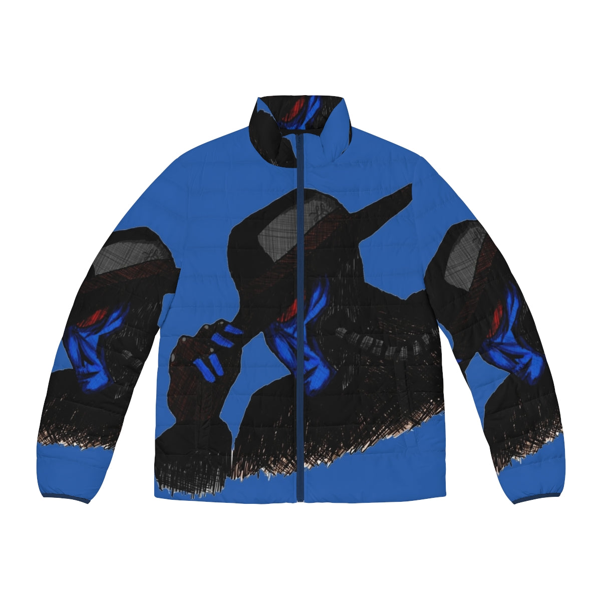 Cadaver puffer jacket with furry details, skull and wolf design