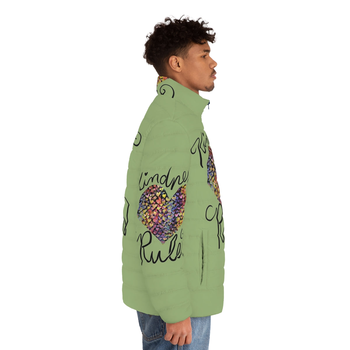 Kindness Rules Puffer Jacket with a Colorful Rainbow Heart Design - men side right