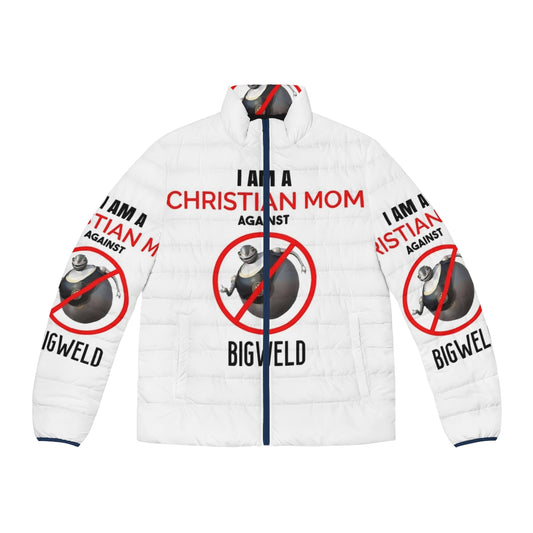 "Christian Mom Against Bigweld" weirdcore puffer jacket featuring cursed Bigweld meme