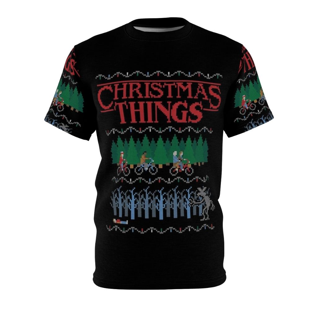 Stranger Things inspired Christmas t-shirt design with holiday elements