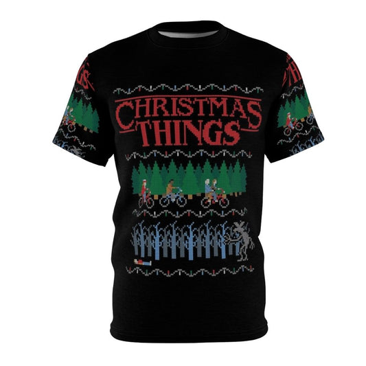 Stranger Things inspired Christmas t-shirt design with holiday elements