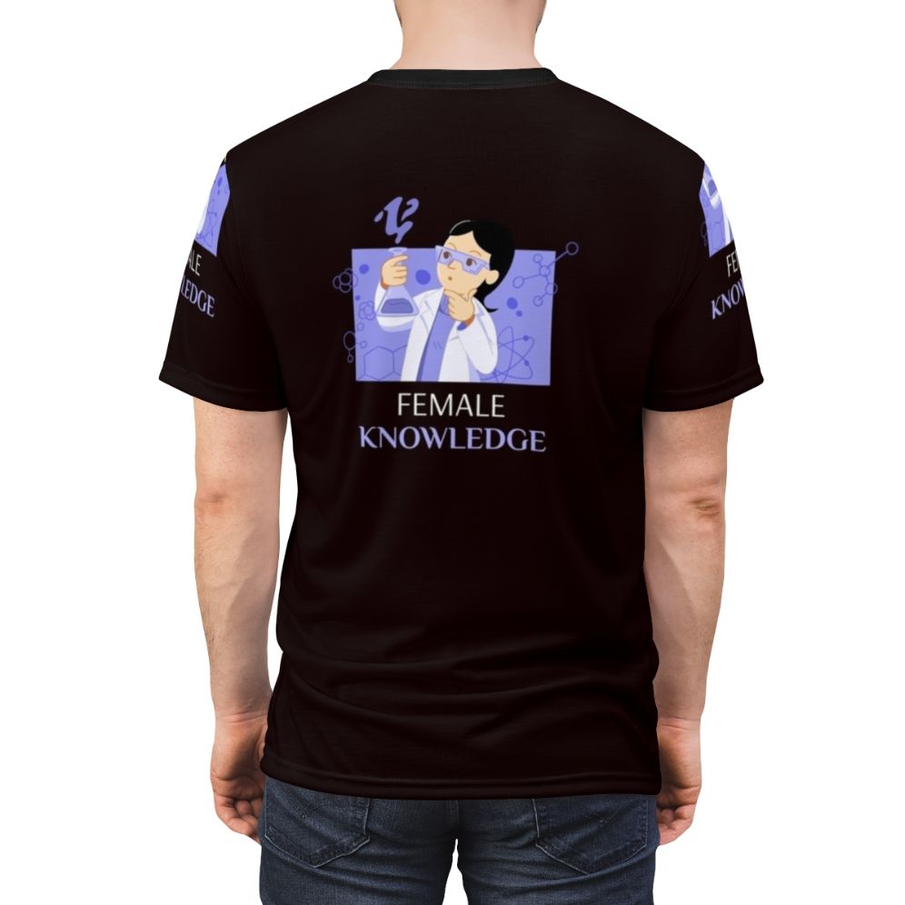 A t-shirt design featuring the text "Female Knowledge Fun Science" with symbols and imagery related to science, feminism, and female empowerment. - men back