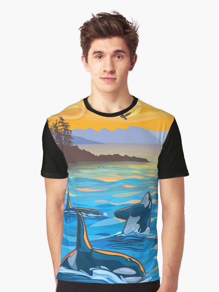 Graphic T-Shirt featuring orcas, killer whales, and dolphins in a vibrant Pacific Northwest art style - Men