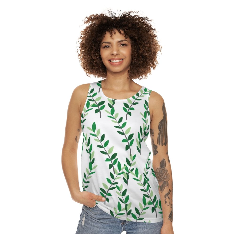 Unisex tank top with a botanical zz plant leaves design - women