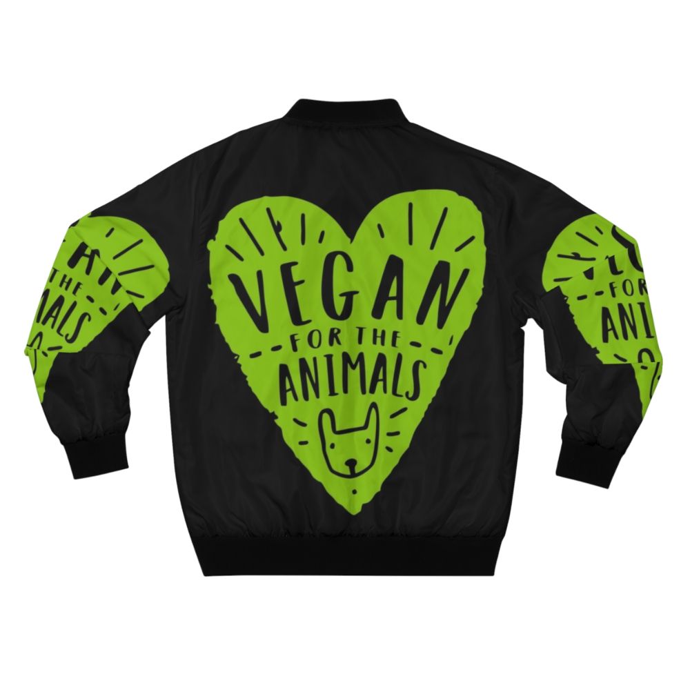 Vegan bomber jacket with "Vegan for the Animals" design, showcasing compassion for animals and a cruelty-free lifestyle. - Back