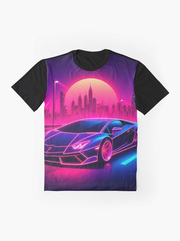 A synthwave-inspired graphic t-shirt featuring a neon-lit retro-style car against a sunset background. - Flat lay