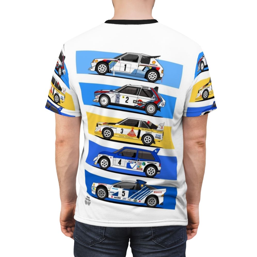 Vintage 1980s Group B rally inspired t-shirt design featuring classic rally cars and motorsport icons - men back