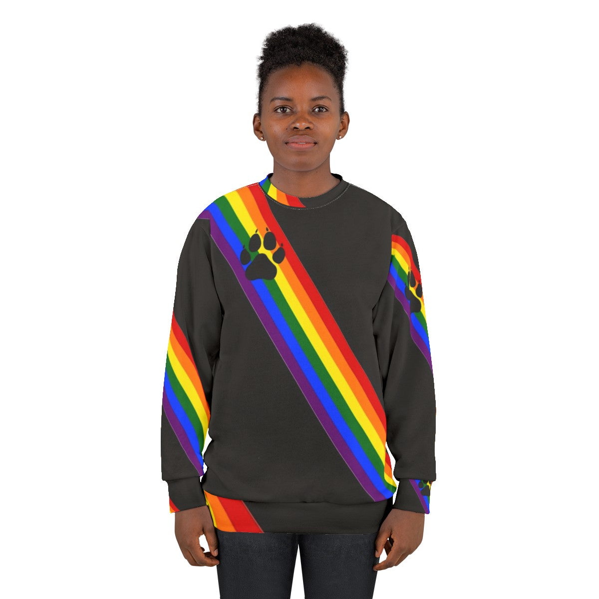 Colorful rainbow sweatshirt with puppy sash design for LGBTQ+ pride - women