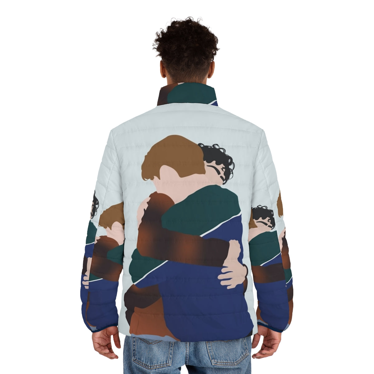 Heartstopper Nick and Charlie hug puffer jacket, featuring the two main characters from the Netflix series - men back